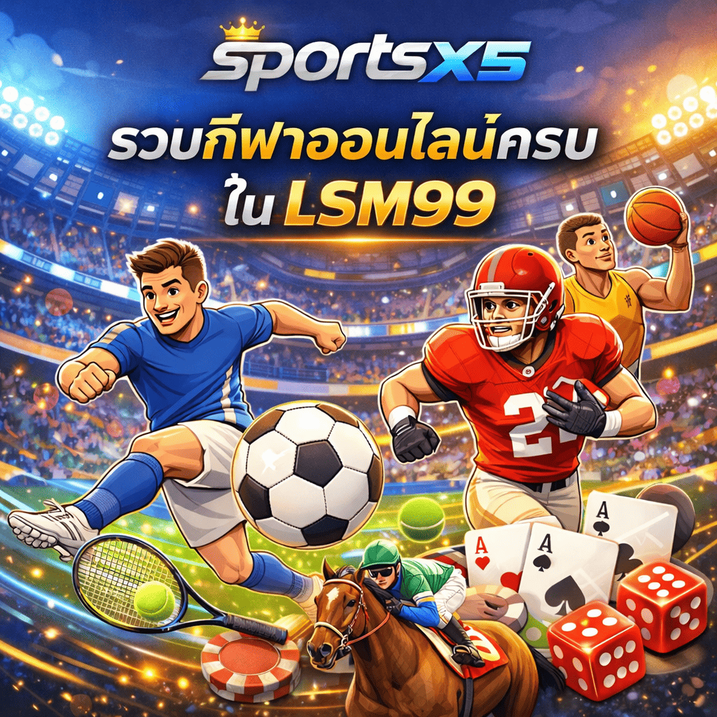 ภาพโปรโมต LSM99 กีฬาออนไลน์ครบวงจร เล่นง่ายครบจบที่ SPORTSX5 พร้อมภาพนักกีฬาฟุตบอล อเมริกันฟุตบอล เทนนิส แข่งม้า และอุปกรณ์คาสิโน บนฉากสนามกีฬาสุดเร้าใจ