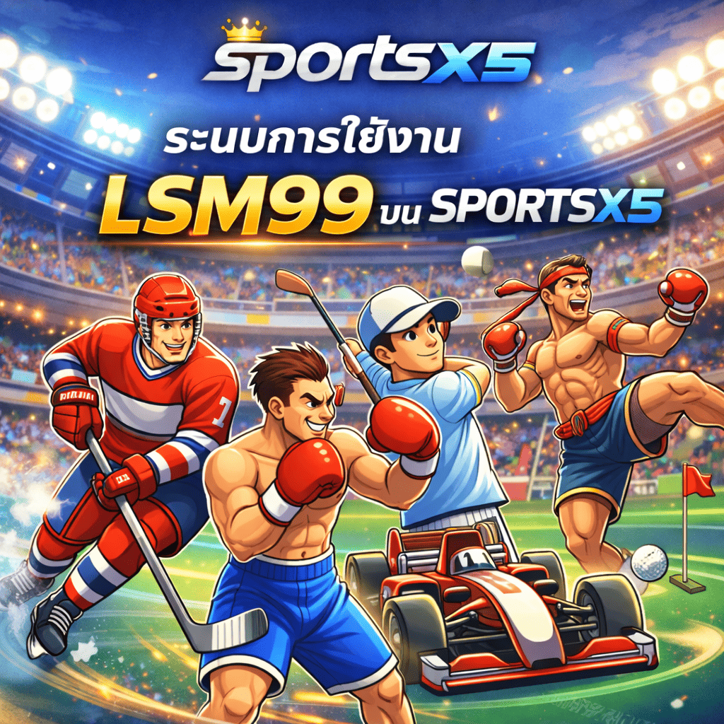 ภาพการ์ตูนโปรโมตระบบการใช้งาน LSM99 บน SPORTSX5 แสดงนักกีฬาหลากหลายประเภท เช่น ฮอกกี้ มวย กอล์ฟ และมอเตอร์สปอร์ต บนฉากสนามกีฬาสุดคึกคัก