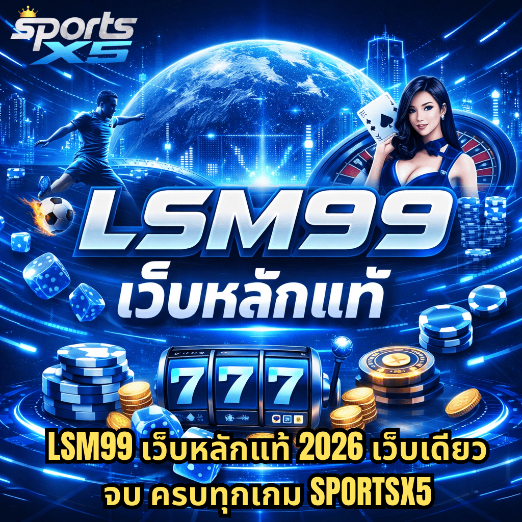 ภาพปกโปรโมต LSM99 เว็บหลักแท้ โทนสีฟ้าแนวโลกอนาคต มีลูกโลกและเมืองดิจิทัลด้านหลัง นักฟุตบอลกำลังเตะบอล ดีลเลอร์ถือไพ่ ฉากหน้าเป็นเครื่องสล็อต 777 ชิปคาสิโน และลูกเต๋า พร้อมข้อความ LSM99 เว็บหลักแท้ 2026 เว็บเดียวจบ ครบทุกเกม SPORTSX5
