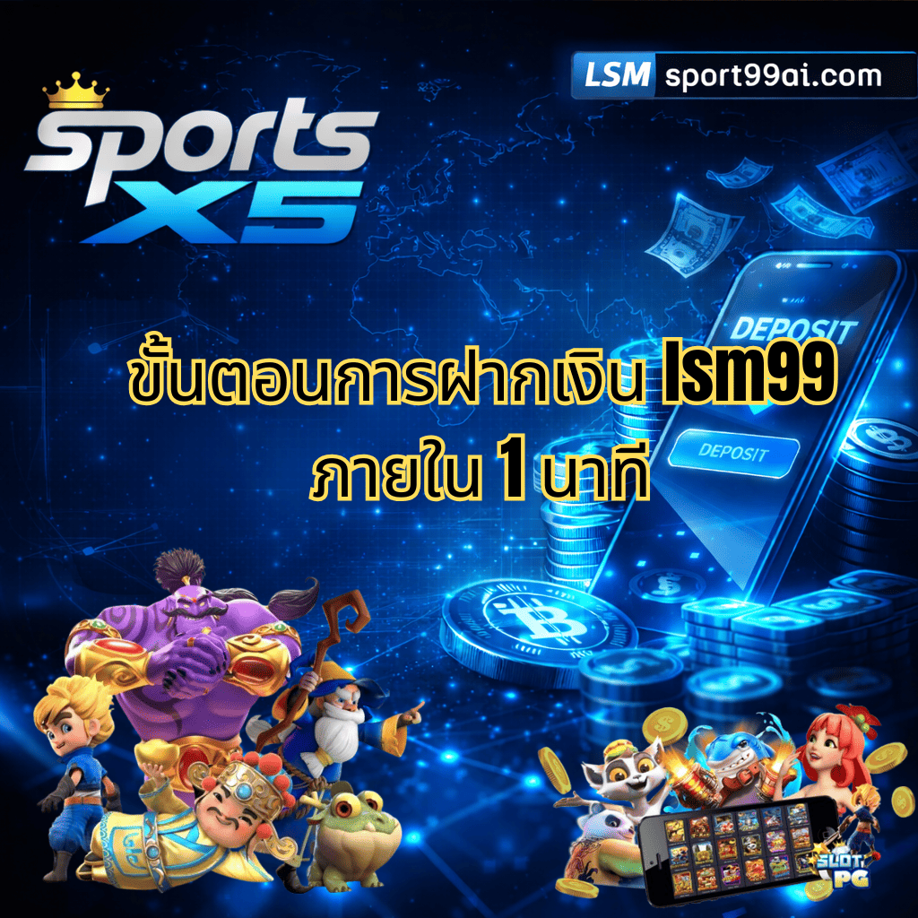 ภาพหน้าปกขั้นตอนการฝากเงิน lsm99 ภายใน 1 นาที กับ SPORTSX5 โทนสีน้ำเงินดำ แสดงมือถือระบบฝากเงินออโต้ เหรียญดิจิทัล แบงก์ลอย และตัวละครเกมสล็อต สื่อถึงการฝากเงินรวดเร็ว ปลอดภัย ระบบอัตโนมัติ