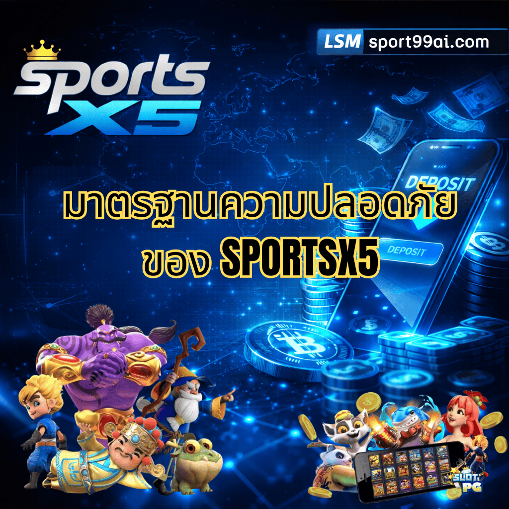 ภาพหน้าปกมาตรฐานความปลอดภัยของ SPORTSX5 โทนสีน้ำเงินดำ แสดงมือถือระบบฝากเงินออโต้ เหรียญดิจิทัล ธนบัตรลอย และตัวละครเกมสล็อต พร้อมโลโก้ lsm sport99ai.com สื่อถึงระบบปลอดภัย มั่นคง และเชื่อถือได้