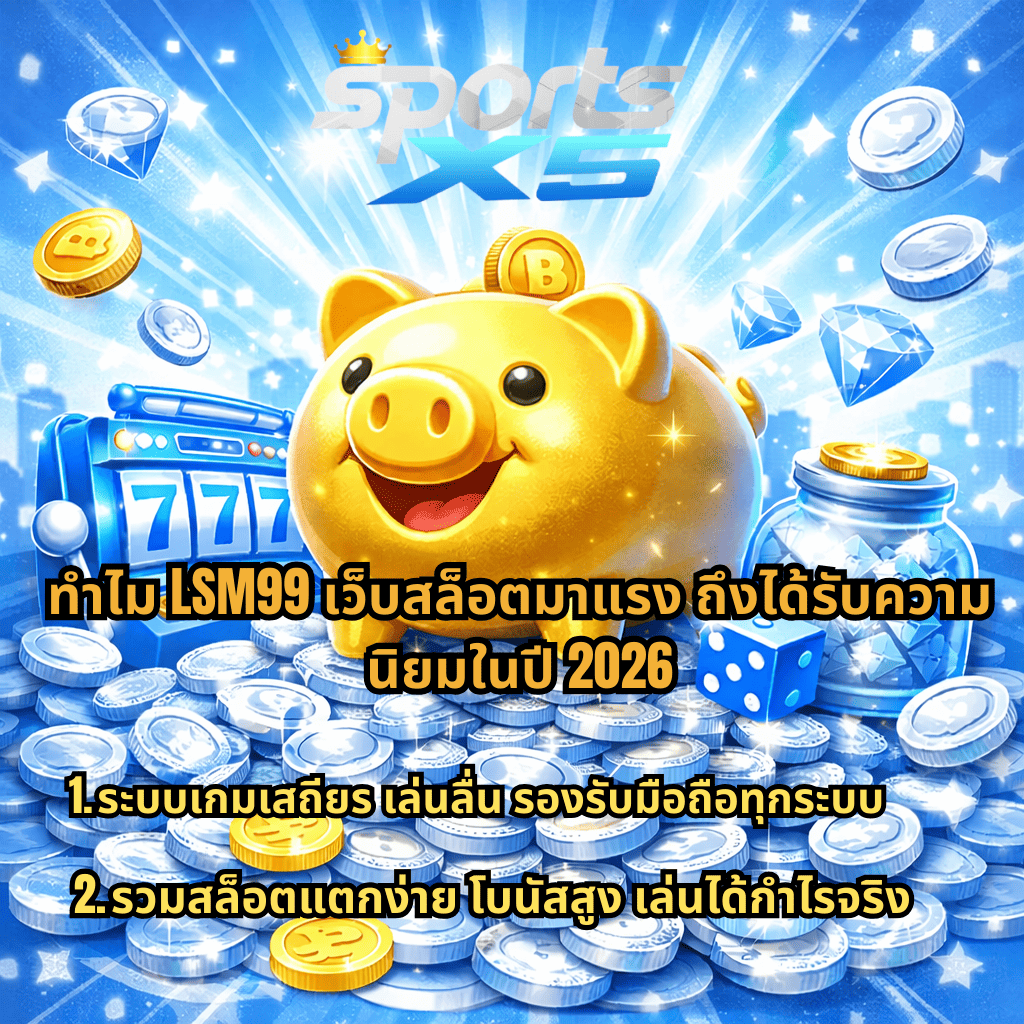 ภาพโปรโมต LSM99 เว็บสล็อตมาแรง ธีมหมูทอง lucky piggy บนกองเหรียญ มีตู้สล็อต 777 เพชร และลูกเต๋า โทนสีฟ้าขาว พร้อมข้อความ ทำไม LSM99 เว็บสล็อตมาแรง ถึงได้รับความนิยมในปี 2026 ระบบเกมเสถียร เล่นลื่น รองรับมือถือ และรวมสล็อตแตกง่ายโบนัสสูง