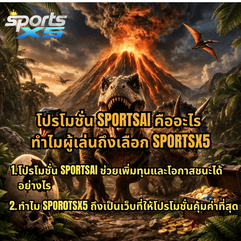 ภาพปกธีม Jurassic Kingdom ไดโนเสาร์ T-Rex และเพื่อนๆ ยืนหน้าภูเขาไฟระเบิด พร้อมโลโก้ SPORTSX5 และข้อความ “โปรโมชั่น SPORTSAI คืออะไร ทำไมผู้เล่นถึงเลือก SPORTSX5 โปรโมชั่นช่วยเพิ่มทุนและโอกาสชนะได้อย่างไร และทำไม SPORTSX5 ถึงเป็นเว็บที่ให้โปรโมชั่นคุ้มค่าที่สุด”