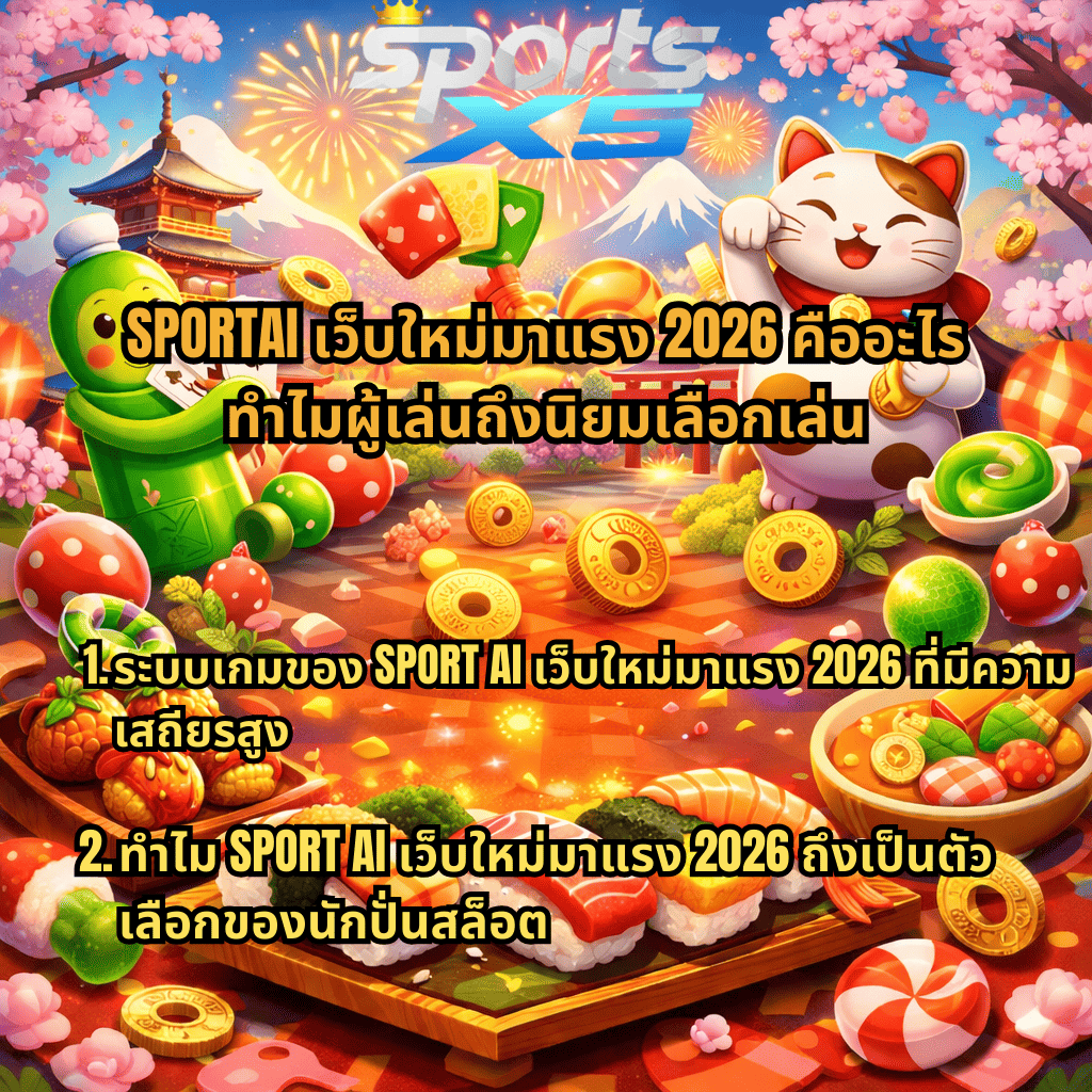 SPORTAI เว็บใหม่มาแรง 2026 คืออะไร ทำไมผู้เล่นนิยมเลือกเล่น ผ่าน SPORTSX5 ภาพธีมเกมสล็อตญี่ปุ่น Oishi Delights มีแมวกวัก ซูชิ เหรียญทอง ดอกซากุระ และภูเขาไฟฟูจิ บรรยากาศสีสันสดใสแนวเกมสล็อตคาสิโนออนไลน์