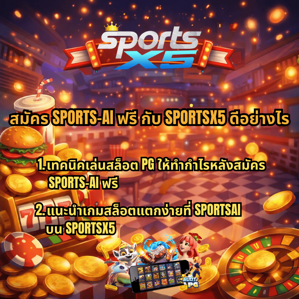 สมัคร SPORTS-AI ฟรี กับ SPORTSX5 ดีอย่างไร พร้อมแนะนำเทคนิคเล่นสล็อต PG ให้ทำกำไร และเกมสล็อตแตกง่ายใน SPORTSAI บน SPORTSX5 ภาพธีมสล็อตคาสิโน มีเครื่องสล็อต 777 เหรียญทอง แฮมเบอร์เกอร์ น้ำอัดลม และวงล้อรูเล็ต พร้อมโลโก้ SPORTSX5 ด้านบน
