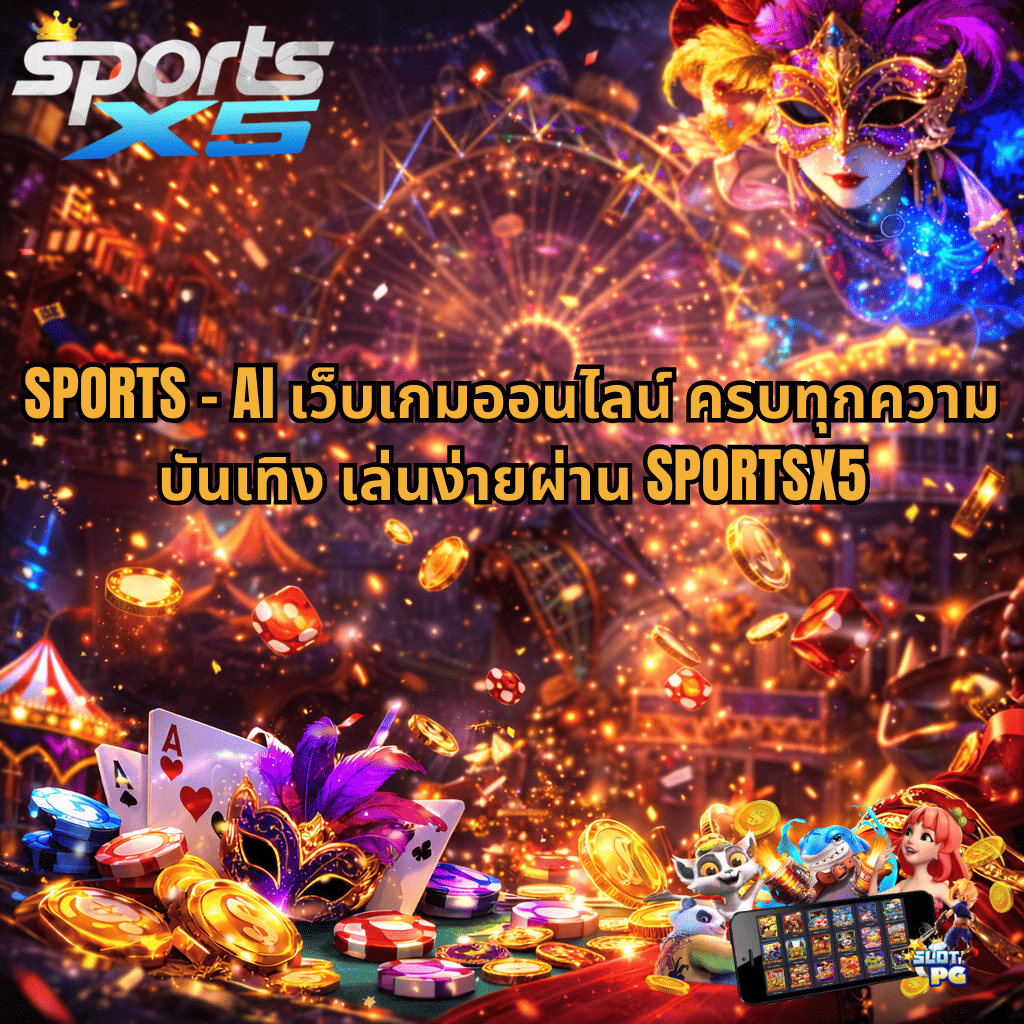 SPORTSX5 เว็บเกมออนไลน์ รวมเกมสล็อตและเกมคาสิโนครบทุกค่าย ภาพบรรยากาศคาสิโนสีสันสดใส มีเหรียญทอง ไพ่ ลูกเต๋า และหน้ากากแฟนซี พร้อมข้อความ SPORTS-AI เว็บเกมออนไลน์ครบทุกความบันเทิง เล่นง่ายผ่าน SPORTSX5