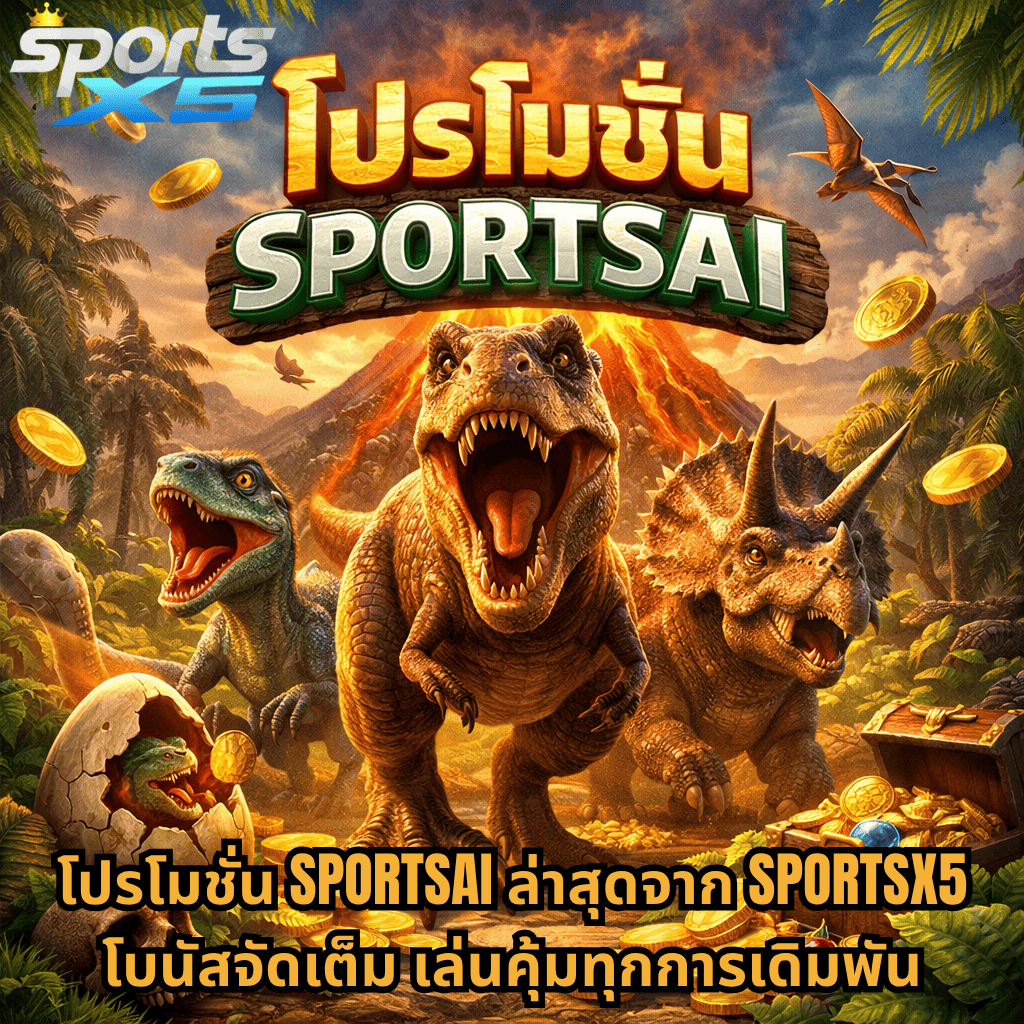ภาพปกธีม Jurassic Kingdom ไดโนเสาร์ T-Rex และเพื่อนๆ อยู่หน้าภูเขาไฟระเบิด รายล้อมด้วยเหรียญทองและหีบสมบัติ พร้อมข้อความ “โปรโมชั่น SPORTSAI ล่าสุดจาก SPORTSX5 โบนัสจัดเต็ม เล่นคุ้มทุกการเดิมพัน”