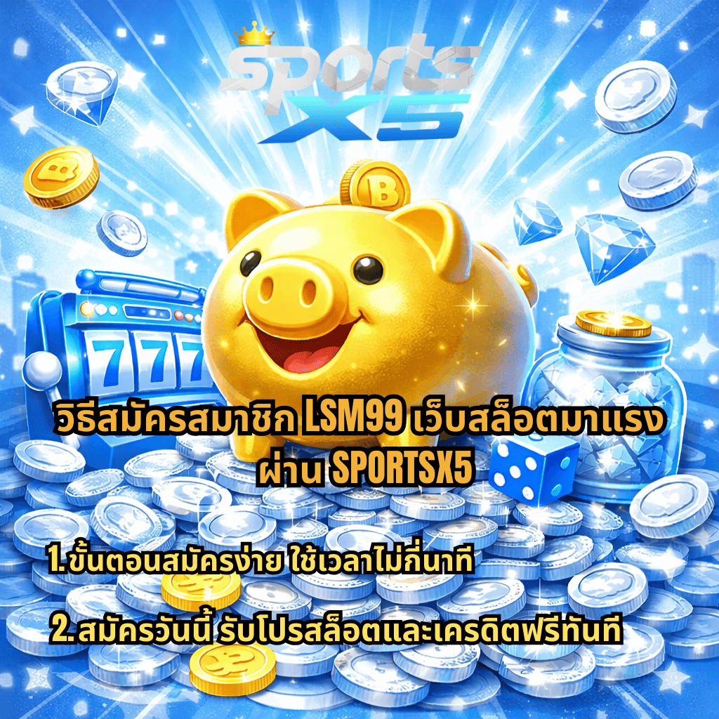 ภาพโปรโมต LSM99 เว็บสล็อตมาแรง ธีมหมูทอง lucky piggy บนกองเหรียญ มีตู้สล็อต 777 เพชร และลูกเต๋า โทนสีฟ้าขาว พร้อมข้อความ วิธีสมัครสมาชิก LSM99 เว็บสล็อตมาแรง ผ่าน SPORTSX5 ขั้นตอนสมัครง่าย ใช้เวลาไม่กี่นาที และสมัครวันนี้รับโปรสล็อตพร้อมเครดิตฟรีทันที