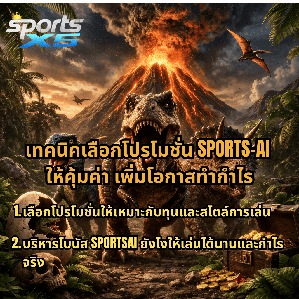 ภาพปกธีม Jurassic Kingdom ไดโนเสาร์ T-Rex และเพื่อนๆ ยืนหน้าภูเขาไฟระเบิด พร้อมโลโก้ SPORTSX5 และข้อความ “เทคนิคเลือกโปรโมชั่น SPORTS-AI ให้คุ้มค่า เพิ่มโอกาสทำกำไร เลือกโปรโมชั่นให้เหมาะกับทุนและสไตล์การเล่น และบริหารโบนัส SPORTSAI ยังไงให้เล่นได้นานและกำไรจริง”
