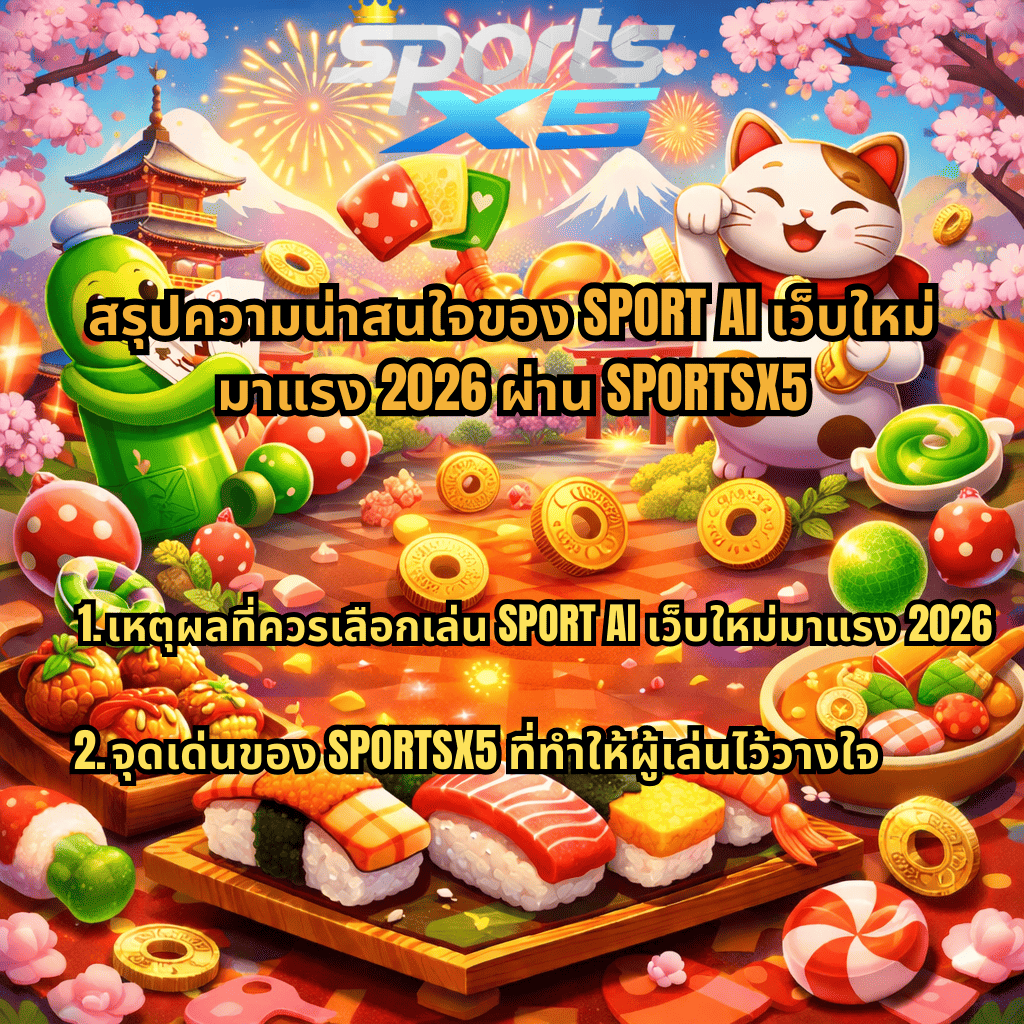 สรุปความน่าสนใจของ SPORTAI เว็บใหม่มาแรง 2026 ผ่าน SPORTSX5 แนะนำเหตุผลที่ควรเล่นและจุดเด่นของเว็บ ภาพธีมเกมสล็อตญี่ปุ่น Oishi Delights มีซูชิ แมวกวัก เหรียญทอง ดอกซากุระ และภูเขาไฟฟูจิ บรรยากาศเกมสล็อตสีสันสดใส