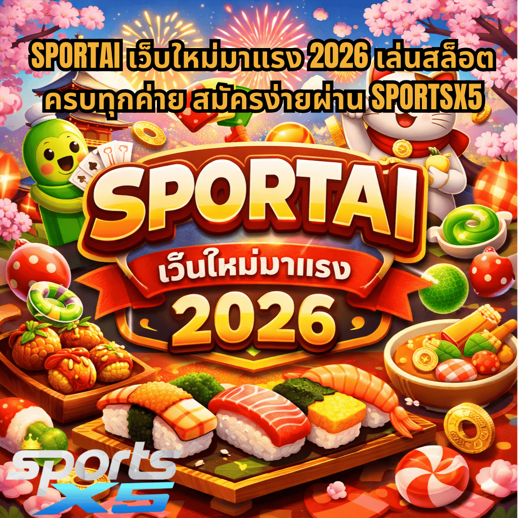 SPORTAI เว็บใหม่มาแรง 2026 เล่นสล็อตครบทุกค่าย สมัครง่ายผ่าน SPORTSX5 ภาพธีมเกม Oishi Delights มีซูชิ อาหารญี่ปุ่น แมวกวัก เหรียญทอง ดอกซากุระ และพลุไฟ สีสันสดใสสไตล์เกมสล็อตญี่ปุ่น