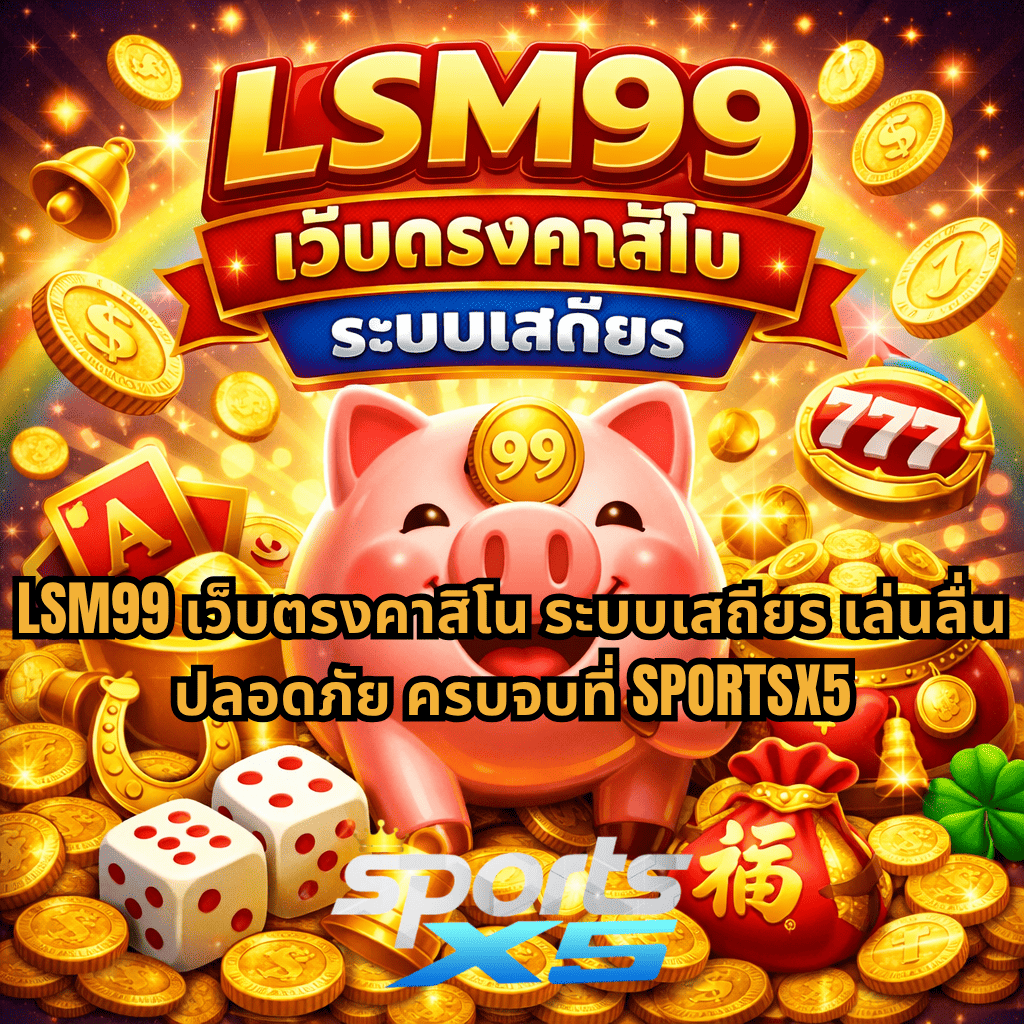 ภาพกราฟิกธีม Lucky Piggy โทนสีทองสดใส มีเหรียญทอง กองเงิน ลูกเต๋า และสัญลักษณ์โชคลาภล้อมรอบ พร้อมหมูน่ารักตรงกลาง สื่อถึงความมั่งคั่ง โชคลาภ และบรรยากาศคาสิโนออนไลน์ที่คึกคัก