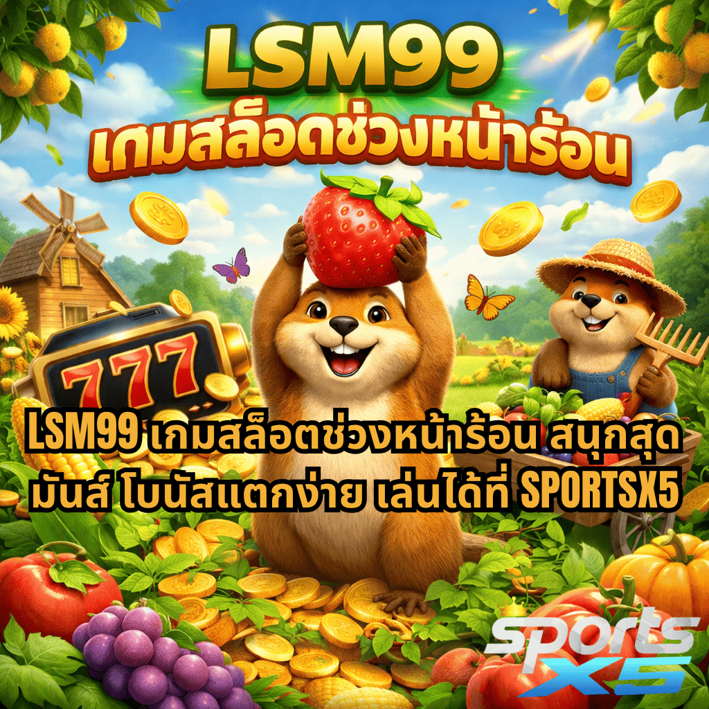 LSM99 เกมสล็อตช่วงหน้าร้อน ธีม Groundhog Harvest ตัวการ์ตูนสัตว์ถือสตรอว์เบอร์รี่ وسطเหรียญทอง มีสล็อต 777 และผลไม้ล้อมรอบ พร้อมข้อความโปรโมทโบนัสแตกง่าย เล่นสนุกได้ที่เว็บ SPORTSX5 แสดงโลโก้ด้านล่างของภาพ