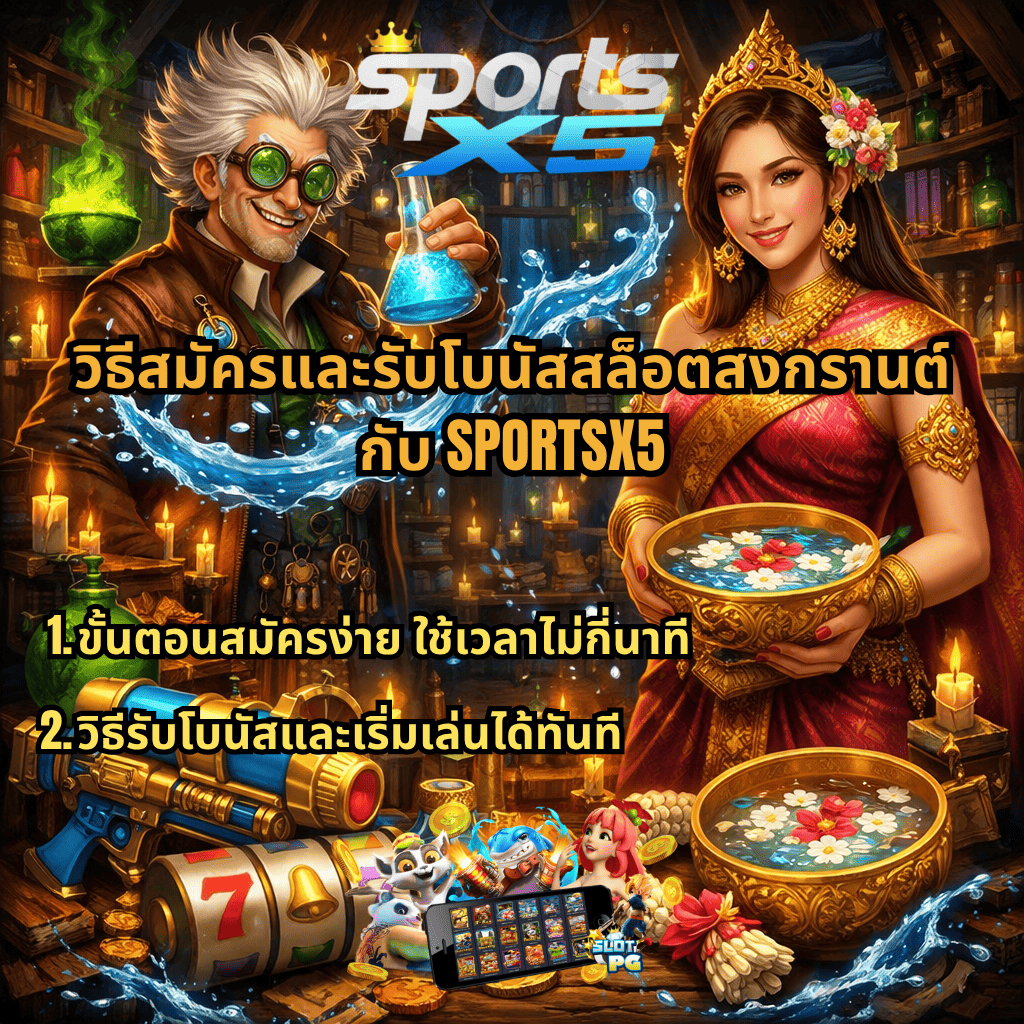 ภาพโปรโมชันสล็อตออนไลน์ธีมสงกรานต์ ผสมผสานสไตล์แฟนตาซี Forbidden Alchemy มีนักเล่นแร่แปรธาตุถือขวดน้ำเวทมนตร์ และหญิงสาวชุดไทยถือขันน้ำดอกไม้ รายล้อมด้วยเหรียญทอง ปืนฉีดน้ำ และเกมสล็อต 777 พร้อมข้อความแนะนำวิธีสมัครและรับโบนัส เล่นได้ทันที เหมาะสำหรับผู้เล่นที่ต้องการเริ่มต้นง่ายกับเว็บไซต์ SPORTSX5