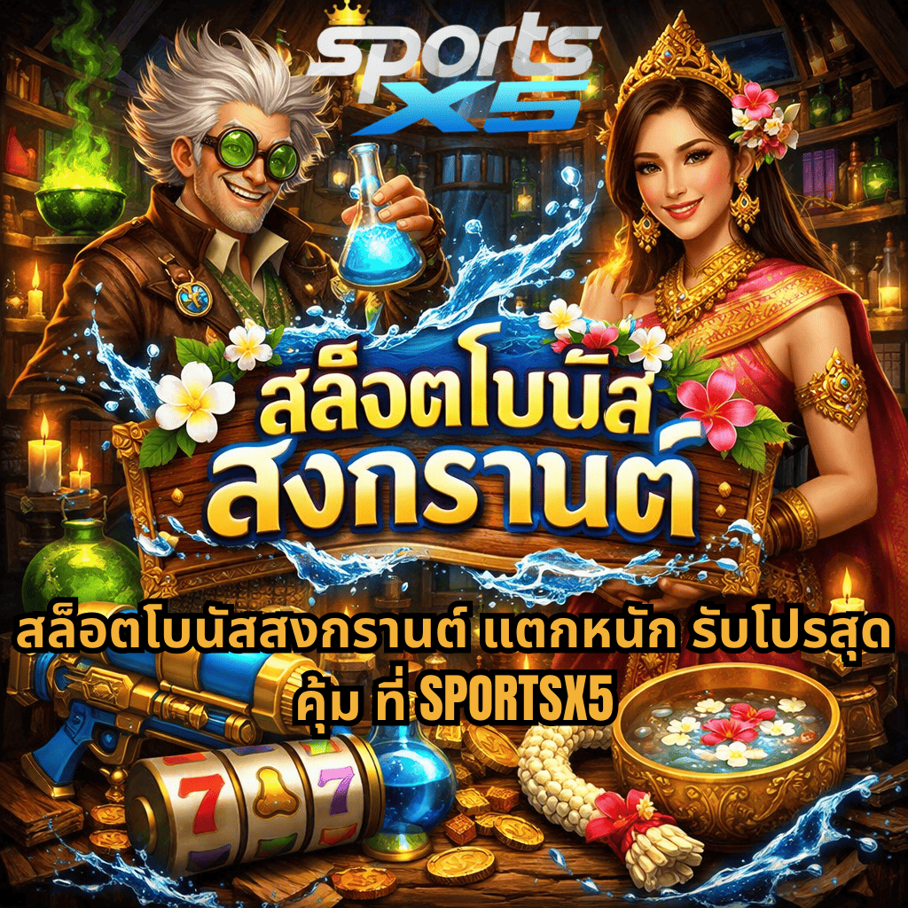 สล็อตโบนัสสงกรานต์ ธีม Forbidden Alchemy พร้อมบรรยากาศห้องปรุงยาแฟนตาซี ตัวละครนักเล่นแร่แปรธาตุถือขวดน้ำเรืองแสง คู่กับหญิงสาวชุดไทยถือขันน้ำดอกไม้ มีปืนฉีดน้ำ เหรียญทอง และสัญลักษณ์สล็อต 777 โดดเด่น โปรโมชันสล็อตแตกหนักรับโบนัสสุดคุ้มจากเว็บไซต์ SPORTSX5